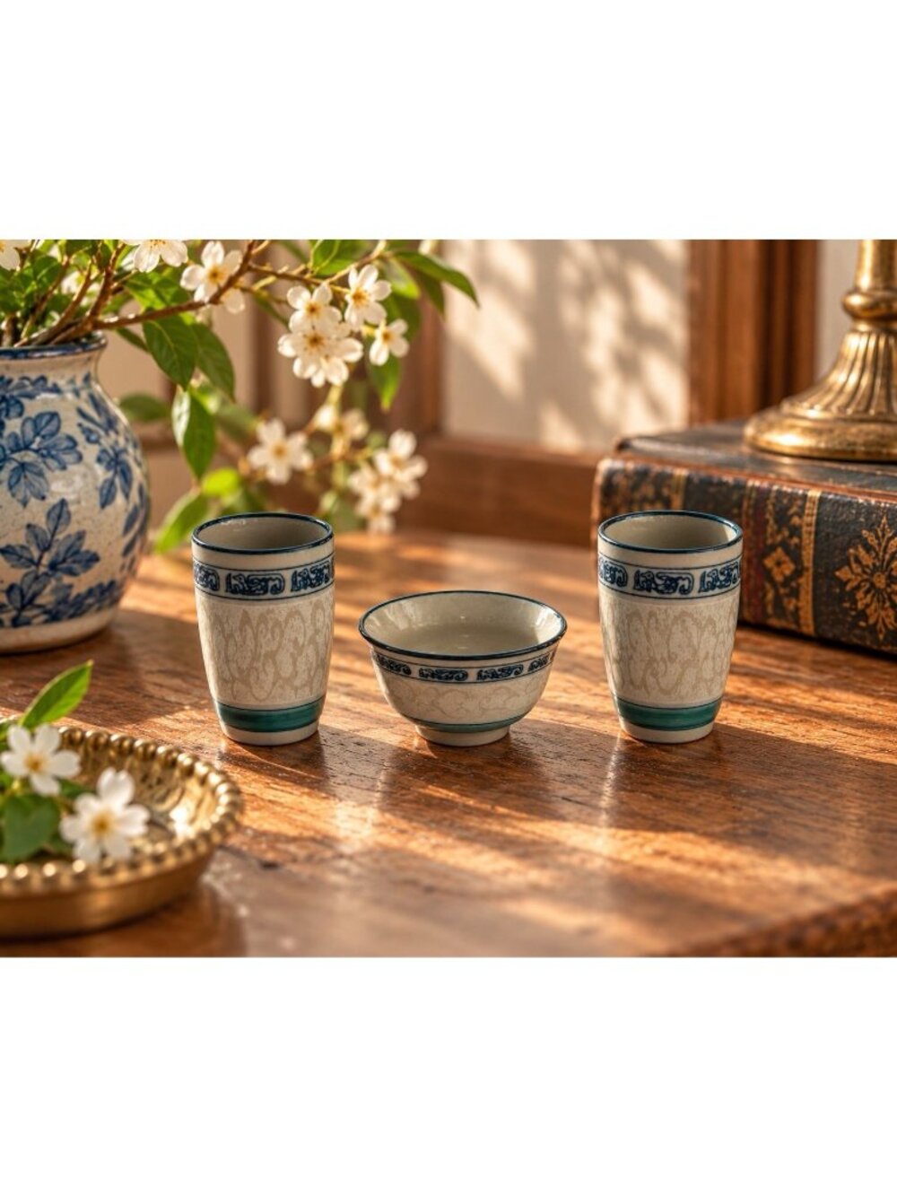 Vintage Asian Ceramic Sake Tea Set 2 Cups Bowl Blue Green Signed CAT